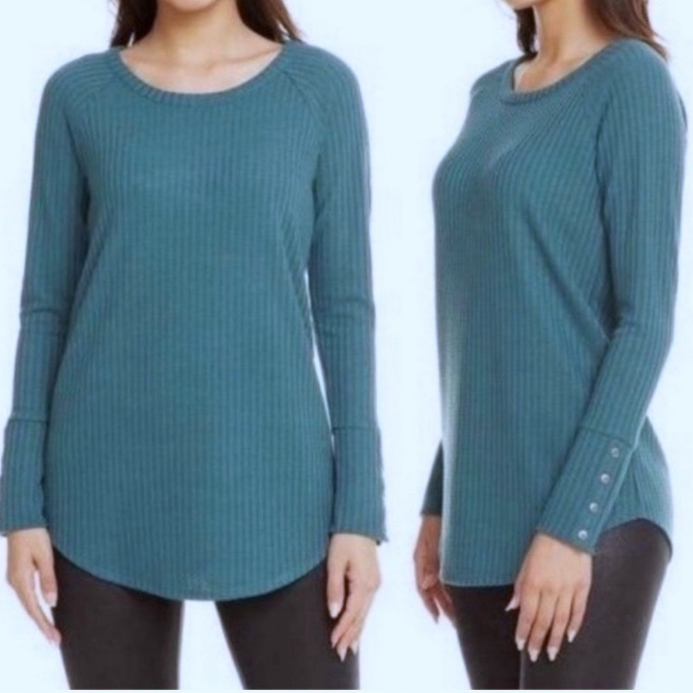 Chaser Womens Teal Waffle Knit Long Sleeve Crew Neck Henley Curved Hem Thermal S - Picture 2 of 11